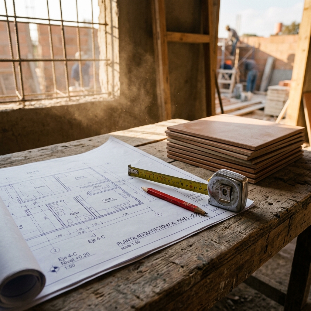 Obra de remodelación en progreso con planos y materiales