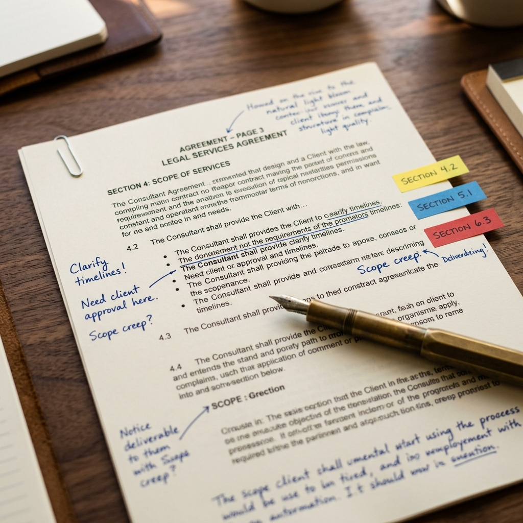 Contrato con anotaciones en los márgenes