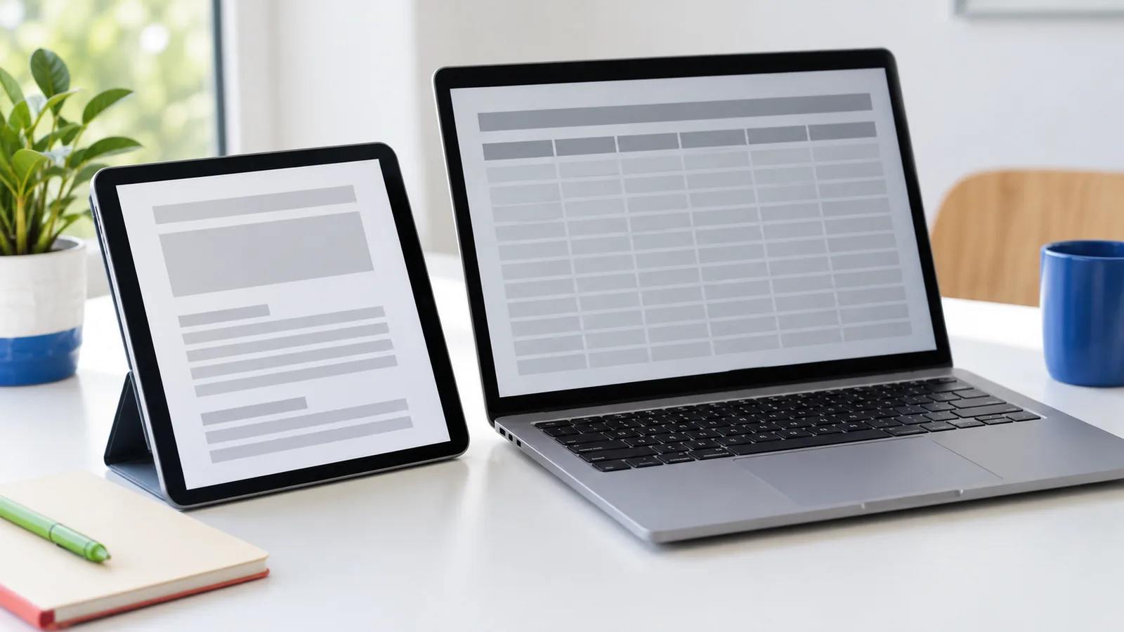 Tablet mostrando un documento limpio vs un Excel en laptop