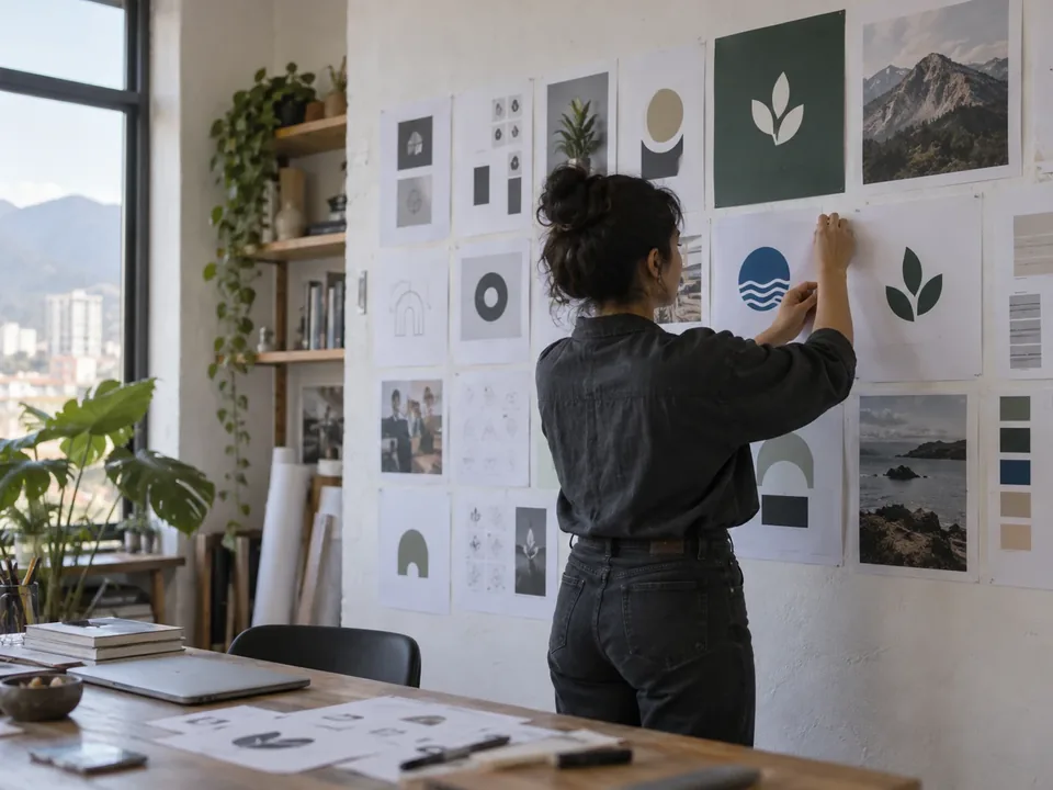 Diseñadora comparando impresiones de un logotipo extendidas sobre la mesa de su estudio