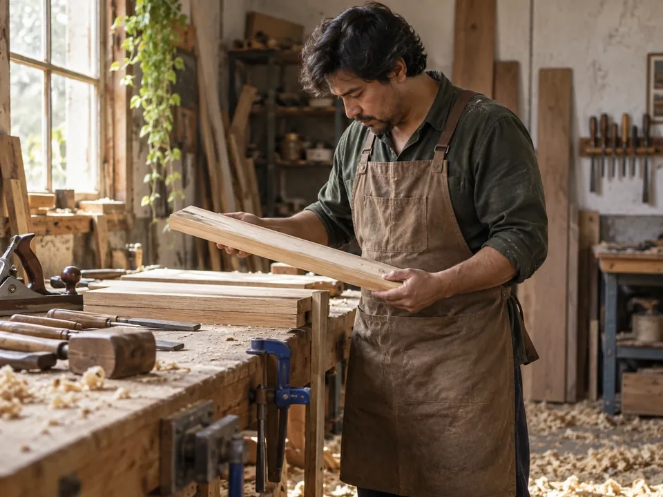 Carpintero midiendo un tablero de madera sobre el banco de trabajo de su taller