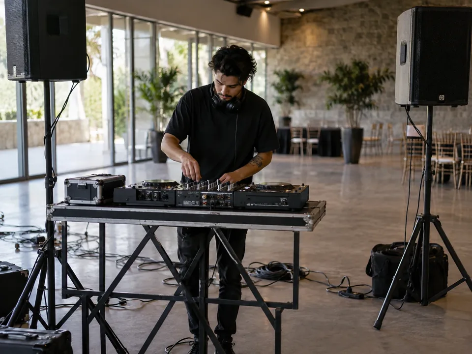DJ ajustando la mezcladora en su cabina durante un evento nocturno