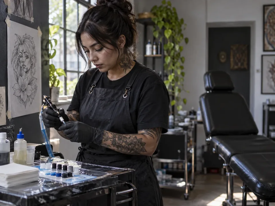Tatuador con guantes trabajando una pieza en el antebrazo de un cliente con máquina rotativa