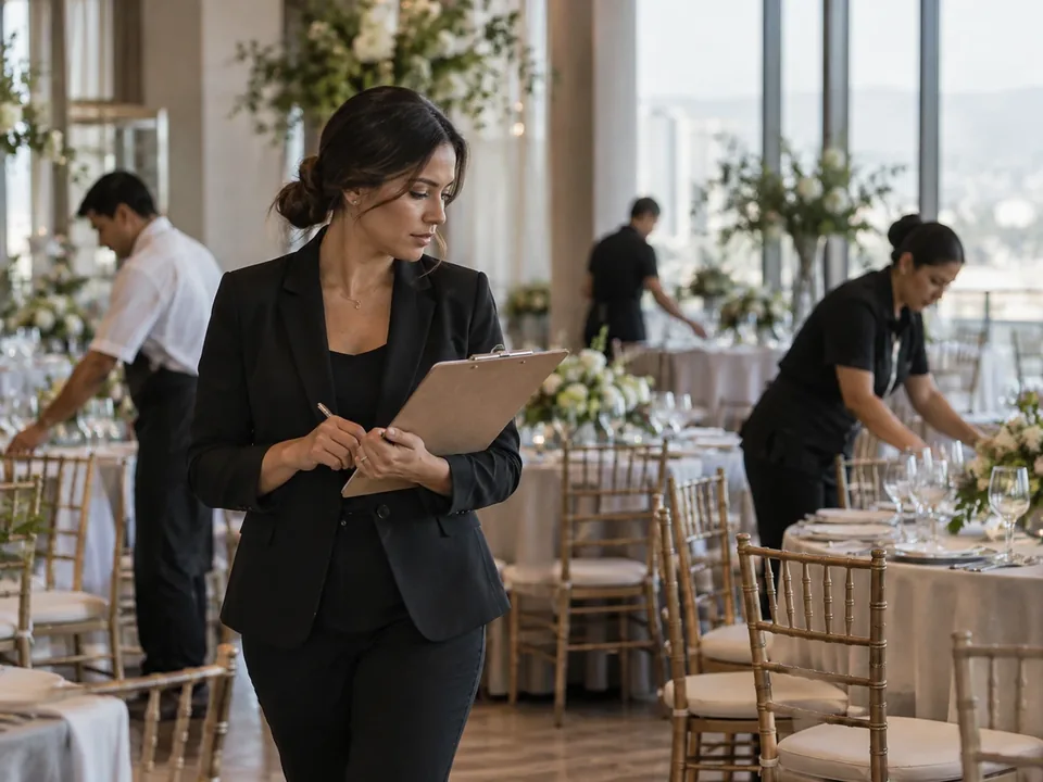 Coordinadora de eventos con radio en mano revisando el montaje de un salón antes de que lleguen los invitados