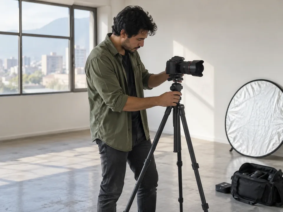 Fotógrafo revisando la pantalla de su cámara mientras ajusta una luz de estudio