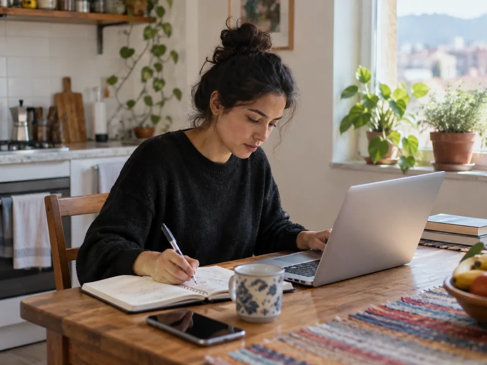 Persona trabajando por su cuenta frente a una laptop en su escritorio, revisando notas de un proyecto