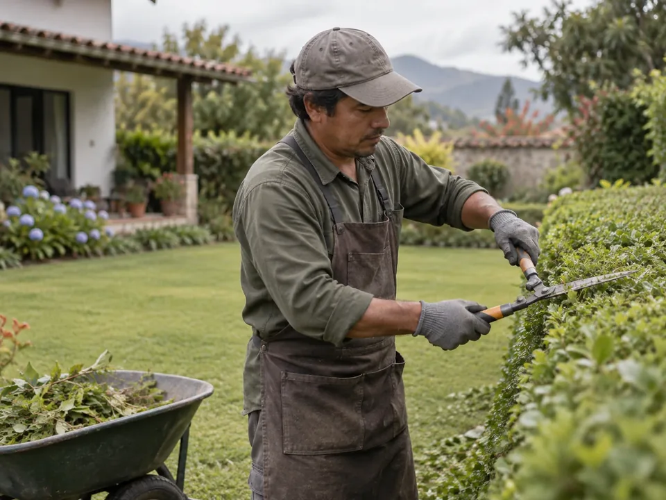 Jardinero podando un seto con tijeras en un jardín residencial