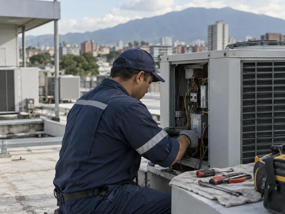 Técnico de mantenimiento midiendo con multímetro la unidad condensadora de un aire acondicionado en azotea