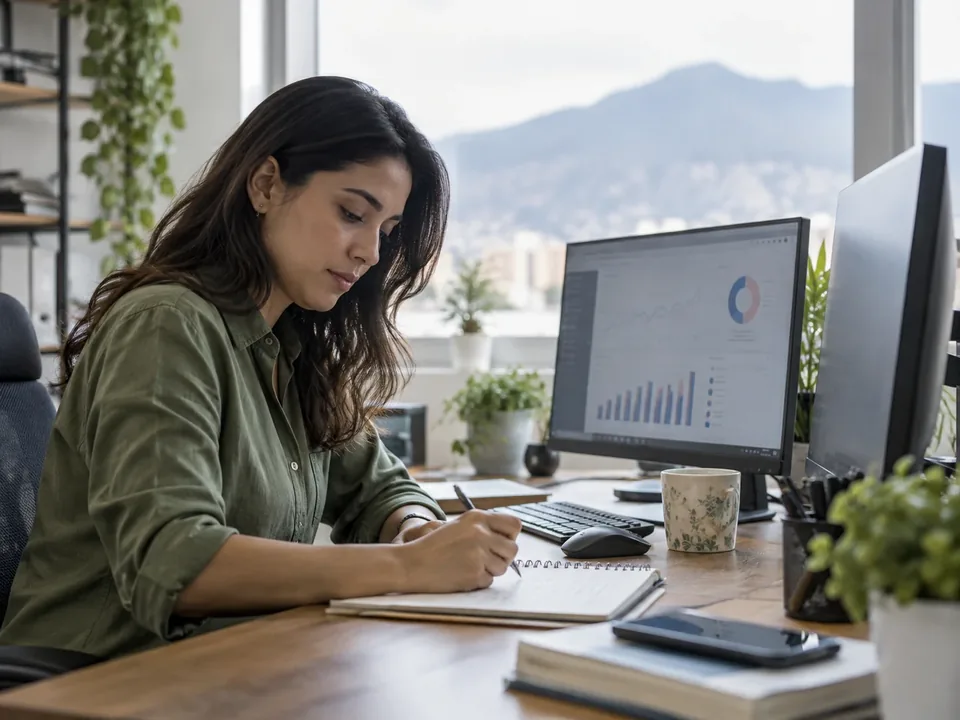 Consultora de posicionamiento revisando un informe de tráfico orgánico en el monitor