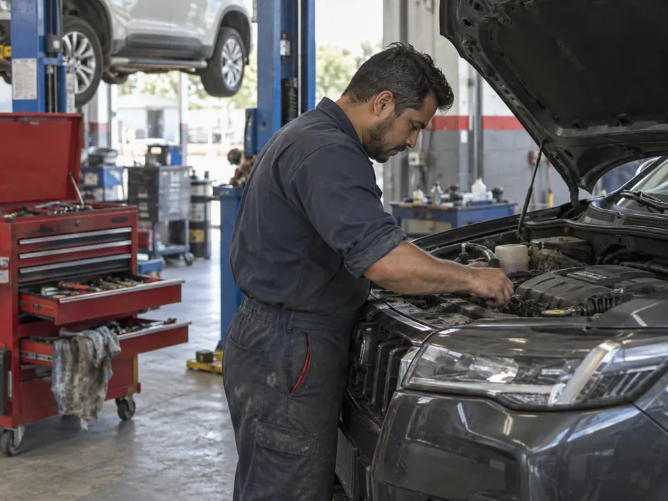 Mecánico revisando el motor de un auto levantado en la rampa de un taller