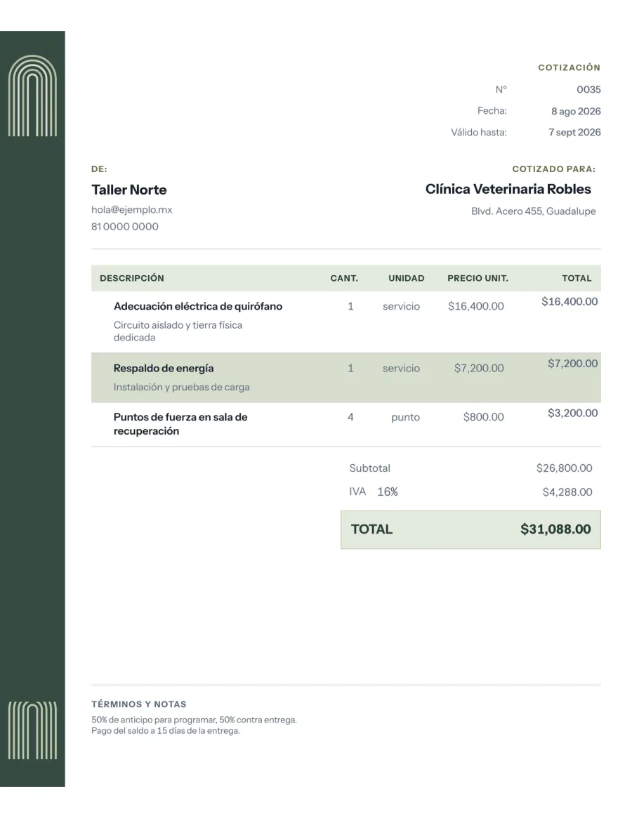 Cotización de ejemplo con la plantilla Arco